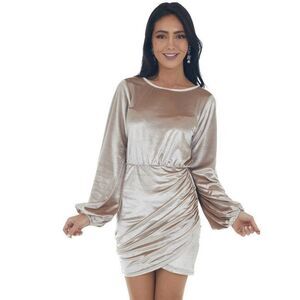 Mainstrip bodycon dress mini champagne velvet long sleeve shirred skirt Size S